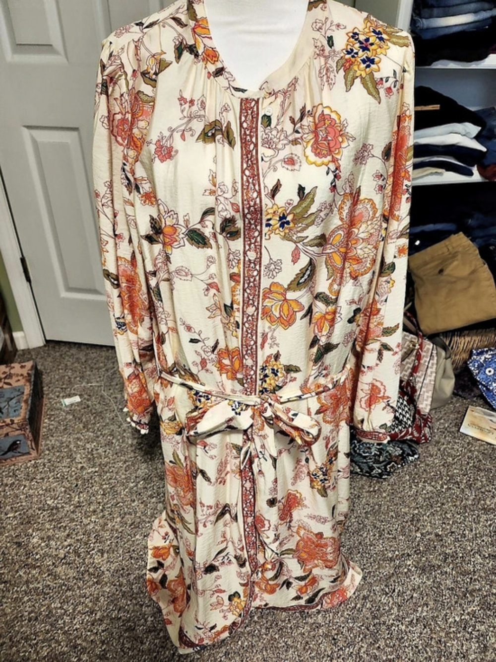Floral Long Sleeve Dress in Cream & Orange